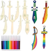 Pack of 12 Pirate Wooden Swords for Painting, 4 Styles with 12 Coloured Pencils, Children's Birthday