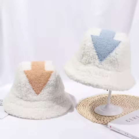 Women Appa Bucket Hat Lamb Wool Hat Winter Warm Fishing Caps Faux Fur Arrow Symbol Printed Bucket Ha