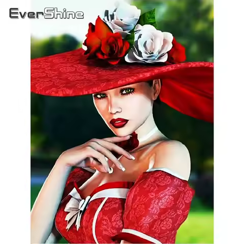 EverShine Diamond Embroidery Woman Red Hat Rhinestone Picture Diamond Painting Portrait Mosaic New A
