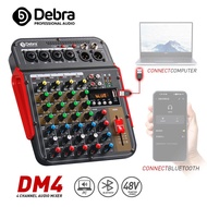 Debra Audio DM4 4 channel audio mixer DJ console with USB sound card Bluetooth 48V phantom power capacitor / dynamic microphone interface for computer recording, karaoke, band mixing, musical instruments, conference speech