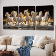 3 Pieces 7 Horses Running Printing With Frame Vintage Equestrian Horse Canvas Wall Art, Large Runnin