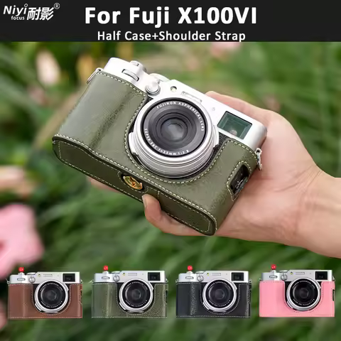 Camera Half Case for Fujifilm X100VI Fuji X100VI Man-made Leather Bottom Open with Shoulder Strap Ca