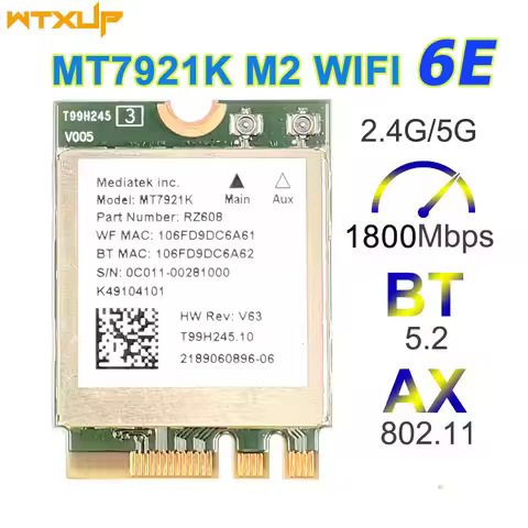Wi-Fi 6E MediaTek MT7921k 1800Mbps Bluetooth 5.2 wireless WIFI Card 802.11AX for Windows 10 / 11
