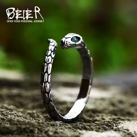 BEIER 2023 New Vintage Stainless Steel Snake Ring With Green Eyes Cool Animal Women's Ring Special J