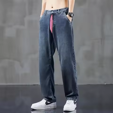 Thin Jeans For Men Outdoor Lover Dating Wear Zipper Open Crotch Straight Wide-Leg Pants Summer