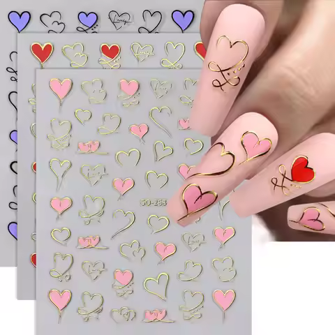 3pcs Y2K Gold Wave Line Heart Decals 3D Red Pink Golden Love Design Nail Stickers Adhesive Valentine