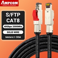 สายแพทช์อีเทอร์เน็ต AMPCOMCAT8/CAT7/CAT6A S/FTP 22AWG เสื้อถักเต็มตัวฉาย | 2000Mhz (2Ghz) ถึง40Gbps 