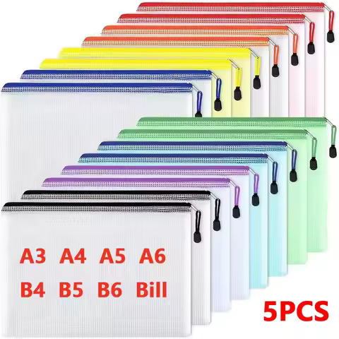 5PCS Stationery Storage Folder File Mesh Zipper Pouch A3 A4 A5 A6 B4 B5 Document Bag Zip File Folder