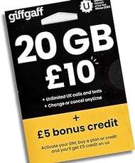 GiffGaff United Kingdom PAYG SIM Card for Visiting UK &amp; Europe w/ 5￡Bonus, Activate While in U.S., 12￡ for Unlimited SMS/Calls and 12GB Data [for Unlocked Phones]