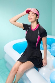 【SARLEE】有袖連身裙泳衣(附襯墊及泳帽)(有大尺碼)