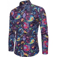 2026 New Style Fashion Long-Sleeved Shirt Men Retro 80s Disco Print Beach Flower Shirt Men