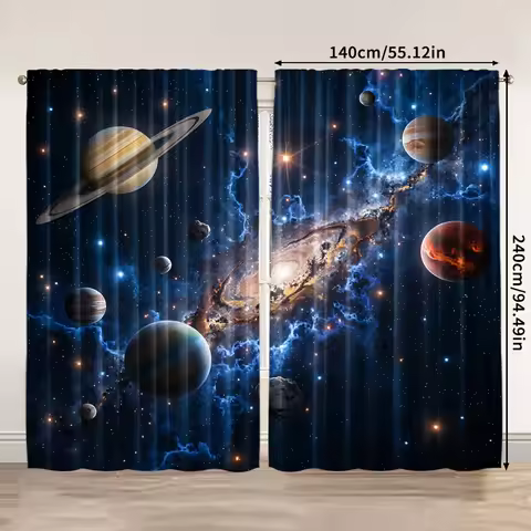 [Space Roller Blind] 2pcs Blue Galaxy Polyester Space-Themed Roller Blind Curtains | Astronaut & Pla