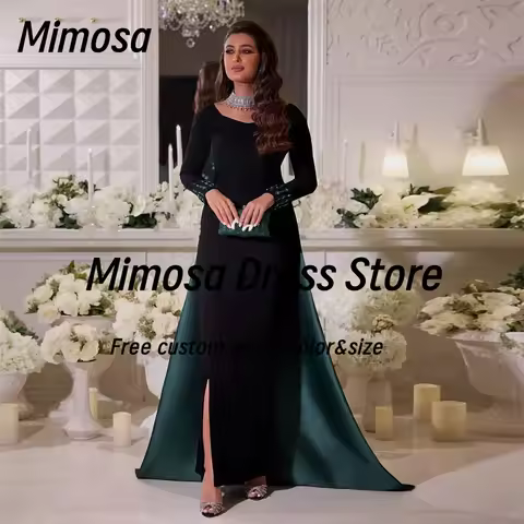 Mimosa Prom Dresses Long Sleeves Beading Flutters Train Evening Dress Side Slit فساتين سهرة Contrast