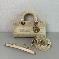 Dior 迪奧 Lady D-Joy橫版米色中號蕾絲戴妃 手提包 肩背包