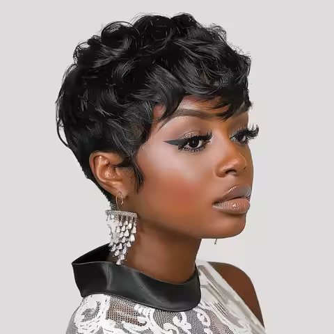 short curly pixie cut 6inch machine made black color 150% density Mother's day gift human hair wig d