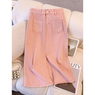 lovito skirt jeans skirt women jeans skirt Pink Split Denim A-Line Skirt - Plus Size | Slimming Effe