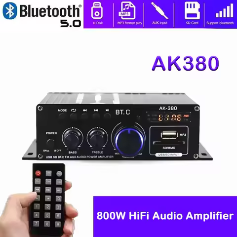 AK380 12V Bluetooth Power Amplifier Home Car Class D HiFi Amp Max 800W Stereo BASS Audio Amps Suppor