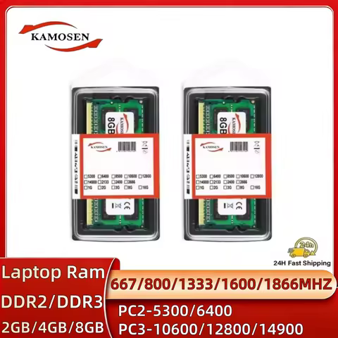 KAMOSEN DDR2 DDR3 2GB 4GB 8GB Laptop Memoria RAM PC2 1.8V 667 800MHz PC3 1.5V 10600 12800 14900 Non-