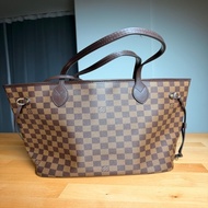 Louis Vuitton LV Neverfull MM Damier Ebene 棋盤格托特包 粉色內裡 附小子包