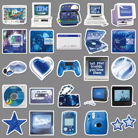 10/50PCS Retro Y2K Blue Stickers Electronic Digital Cartoon Decals Kids Toys Skateboard Phone Notebo