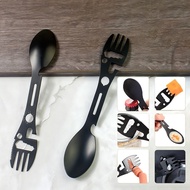 【 EC】10-in-1 Survival Fork Spoon Multifunctional Camping Outdoor Tool Integrated Bottle Opener Wr