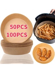 50/100入組6.3英寸空氣炸鍋一次性紙質墊，圓形不粘烤紙適用於空氣炸鍋、微波爐和烤箱，是廚房工具