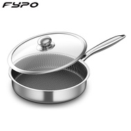 Fypo 28cm flat pan 410 stainless steel stir-fry pan non-stick skillet honeycomb texture wok gas and induction cooking pot with glass lid
