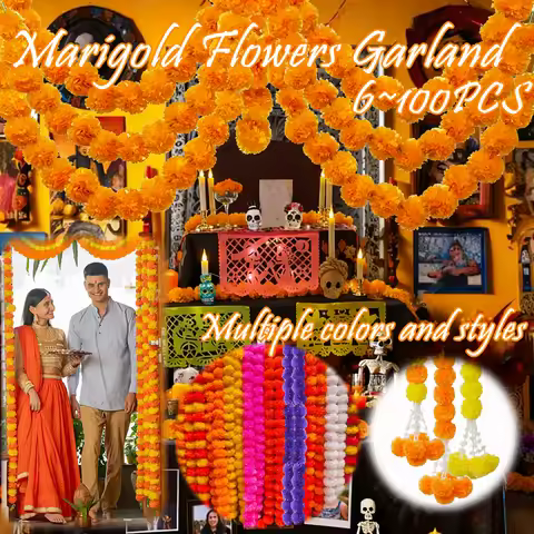 6-100PCS Artificial Marigold Garland 5FT Faux Marigold Flower Garland for Diwali Decoration Day of T