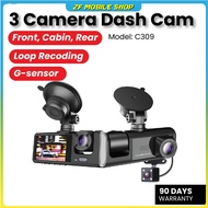 Dashcam kereta 3 kamera Dash Cam depan kereta dan belakang 1080P HD kereta lihat kamera perakam kere