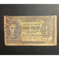 Malaya British Borneo Old Banknote King George VI 1 Cent Year 1941 (Circulated Original Condition - 