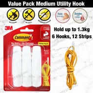 [Value Pack] 3M Command Medium Utility Hooks 17001VP (Holds Up To 1.3kg) (6pcs/pck) Wall Adhesive