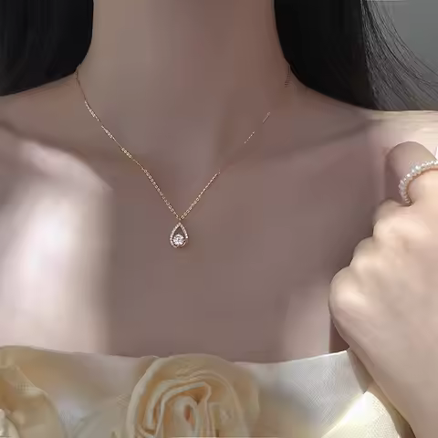 Fashion 925 Sterling Silver Water Drop Necklace Sparkling Zircon Pendant Romantic Woman Engagement B