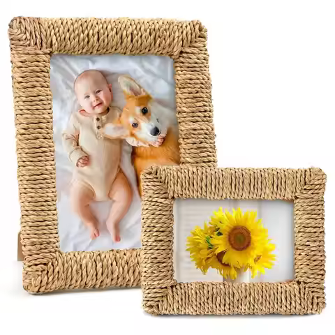 2 Pcs Rattan Picture Frame, 4X6 & 5X7 Boho Photo Frame Handmade Farmhouse Wicker Picture Frame Set F