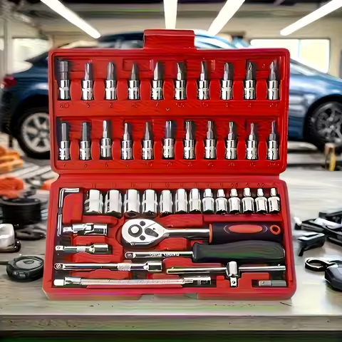 46pcs Red Multifunctional Wrench Set For Car And Bicycle | Metal Tool Kit, Home Maintenance, Perfect