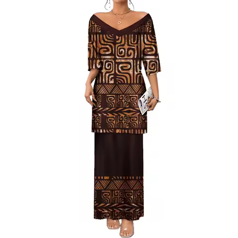 Fiji Puletasi Tapa Designs Dress Samoan Two-Piece Dresses Customized Women's Church Traditional Clot
