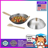 [sg stock-USA brand] Helen's Asian Kitchen Flat Bottom Wok Carbon Steel with Lid, 13.5 Inch set