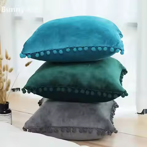 Velvet Pillow Cover with Ball Lace, Soft Cushion Cover, Monochrome, Modern and Simple, Fur Ball, 30x