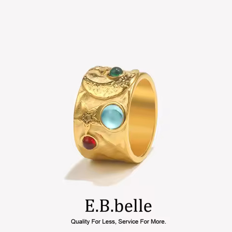 E.B.belle Smooth Wide Facted Relief Blue Green Color Gemstone Ring Gold Plated Stainless Steel Party