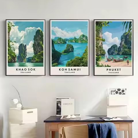 Thailand Travel Art Canvas Poster Phuket Chiang Mai Koh Phangan Bangkok City Landscape Asia Scenery 