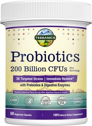 Terranics Daily Probiotics for Men &amp; Women, 200 Billion 36 Strains Immediate Restore Probiotics, with Prebiotics &amp; Enzymes, Healthy Regularity, Delayed Release, Shelf Stable, 60 Veggie Caps