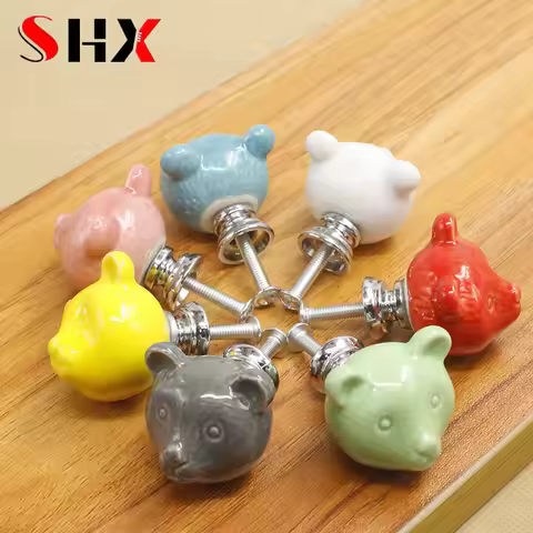 Ceramic Bear Drawer Knobs 3D Cartoon Cabinet Cupboard handles Novelty Creative 7 color Fashion Furni