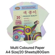 A4 Size Premium Quality Multi Coloured Paper-20Sheets/80Gsm/Suitable for use on Laser &amp; Inkjet Printers