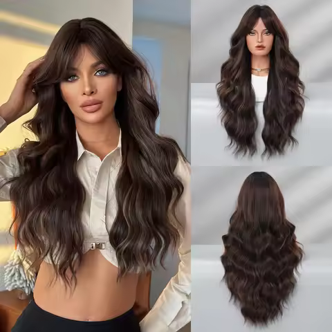 7JHH WIGS Long Body Wave Mocha Brown Wig for Women Modest Fashion Synthetic Heat-Resistant Middle Pa