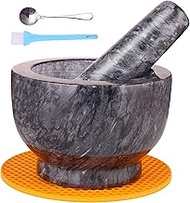 Mortar and Pestle Set, Guacamole Bowl Polished Natural Marble Stone, Grinder and Crusher, with Silicone Mat &amp; Spoon - 300ml(Medium, Dark Gray)