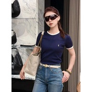 Saint Laurent YSL Navy Blue Short Sleeve T-shirt with Chest Embroidery