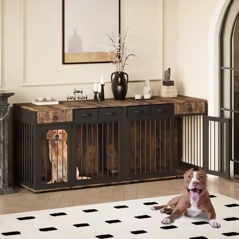 85.4" Large Dog Crate Furniture,Wooden Double Dog Kennel Cages TV Stand Table with 6 Storage Drawers