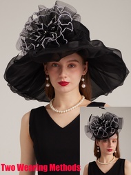 ผู้หญิง Organza หมวกสีแดงงานแต่งงาน Fascinators สง่างามปีกกว้าง Fedora Kentucky Derby หมวกปาร์ตี้อย่างเป็นทางการโบสถ์หมวกสตรี