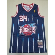 Men's Houston Rockets Hakeem Olajuwon Mitchell Ness Hardwood Classics Navy Blue Jersey