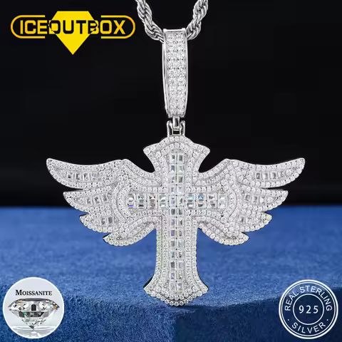 Luxury Iced Out Angel Wing Cross Pendant Necklace For Women Men Moissanite Prong Setting 925 Silver 
