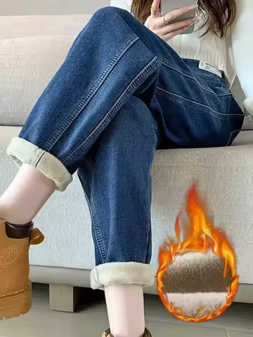 Korean Add Velvet Baggy Harem Jeans Blue High Waist Denim Pants 2023 Winter Warm Vaqueros Thicken Wo